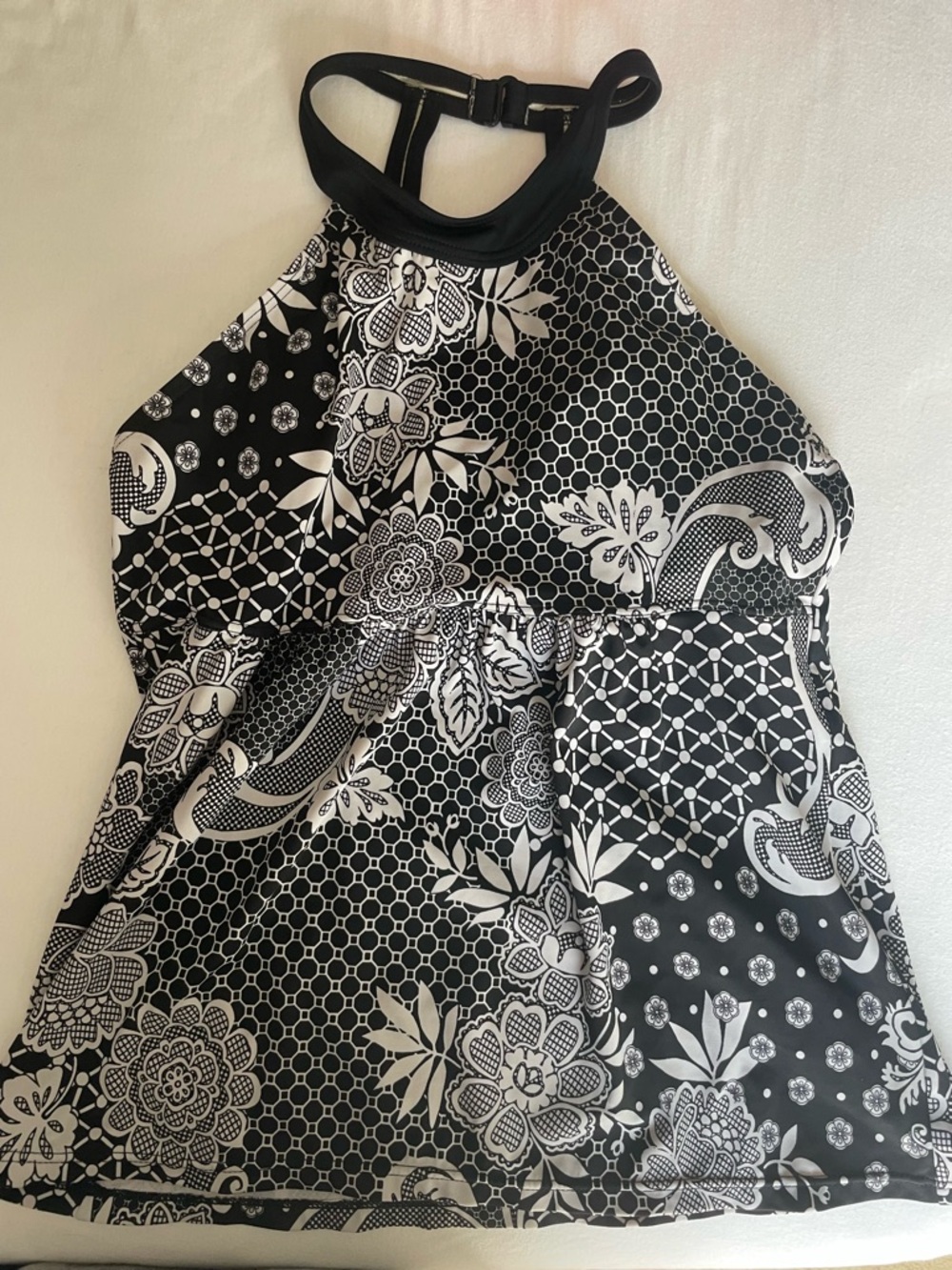 High-Neck Black & White Floral Women’s Swim Bikini Top